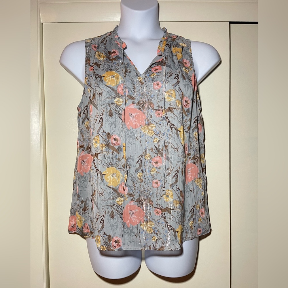 Elaine Rose sleeveless v-neck blouse blue floral metallic thread size large NWT